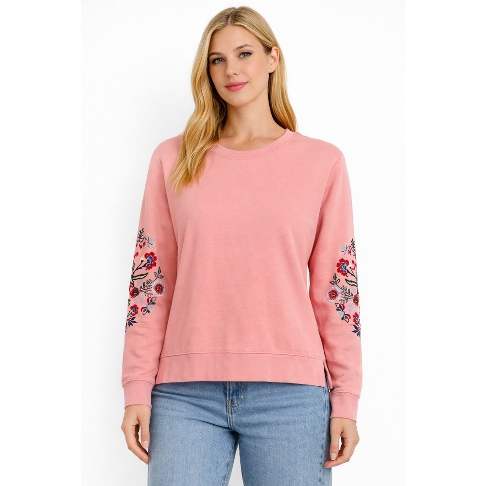 Talbots Floral Embroidered Crewneck Sweater Women XXL Pink Cotton Cottagecore